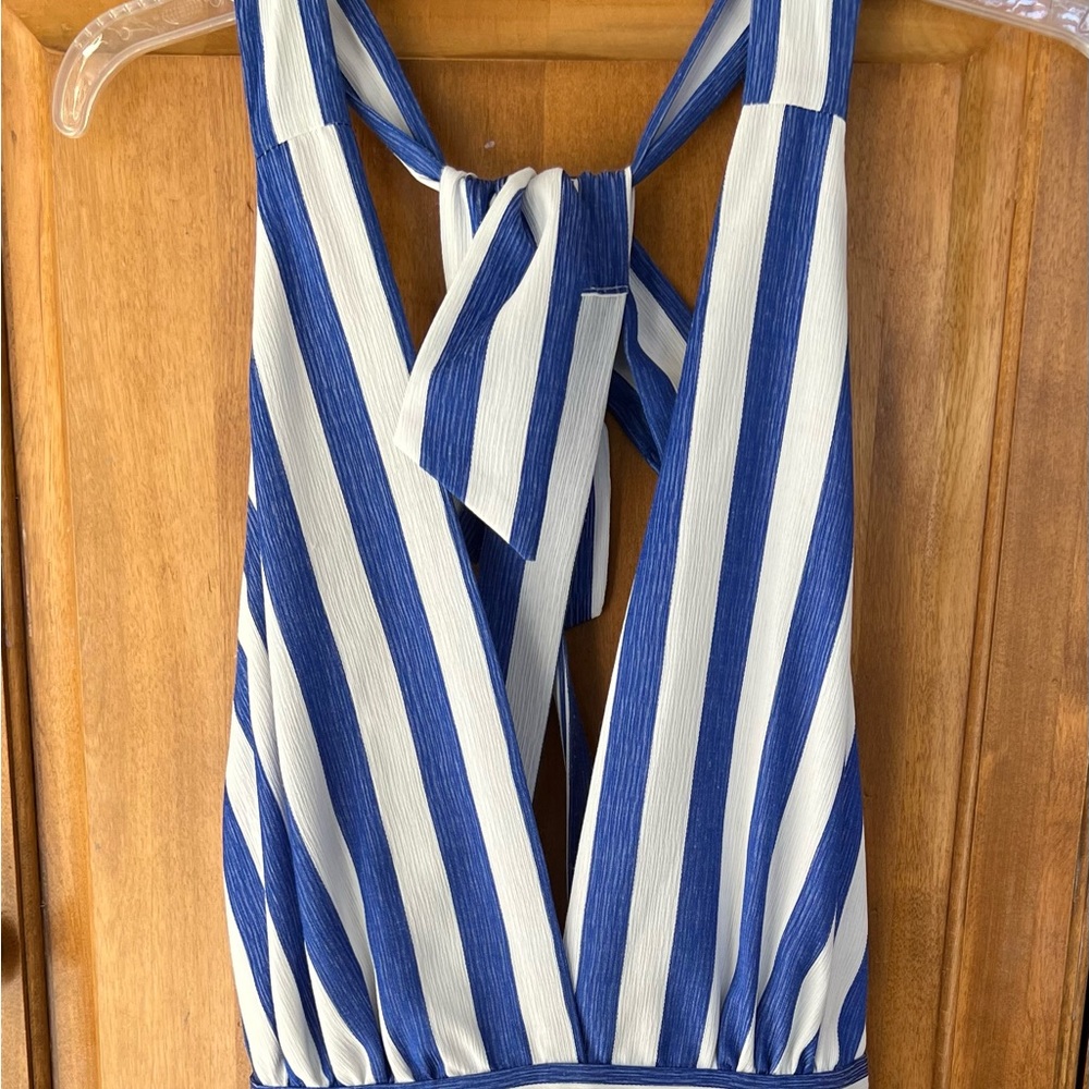 WAYF Women’s Rollick Halter V-neck Jumpsuit Stripe Blue/white Size Small S
